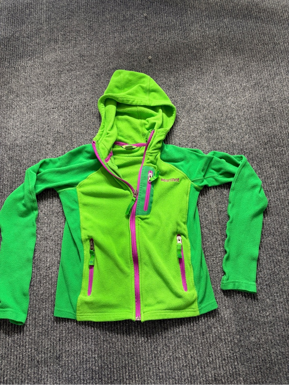 Marmot Lime and Kelly Green Hooded Fleece with Pink Zippers